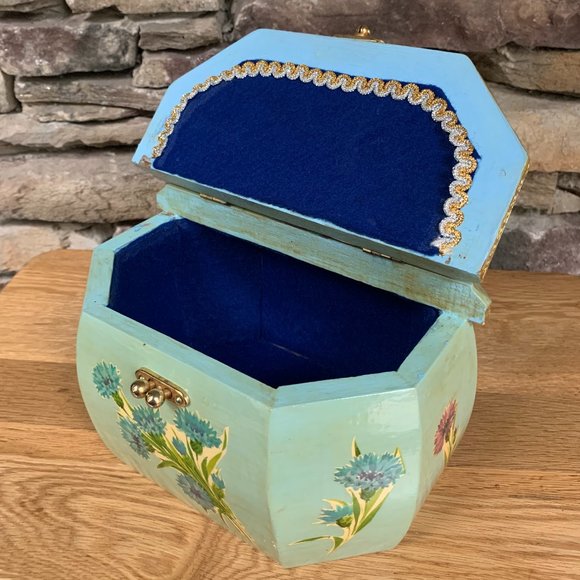 VTG Wood Decoupage Purse Floral 60s 70s Pearlized Handle Felt Lined - Picture 8 of 12